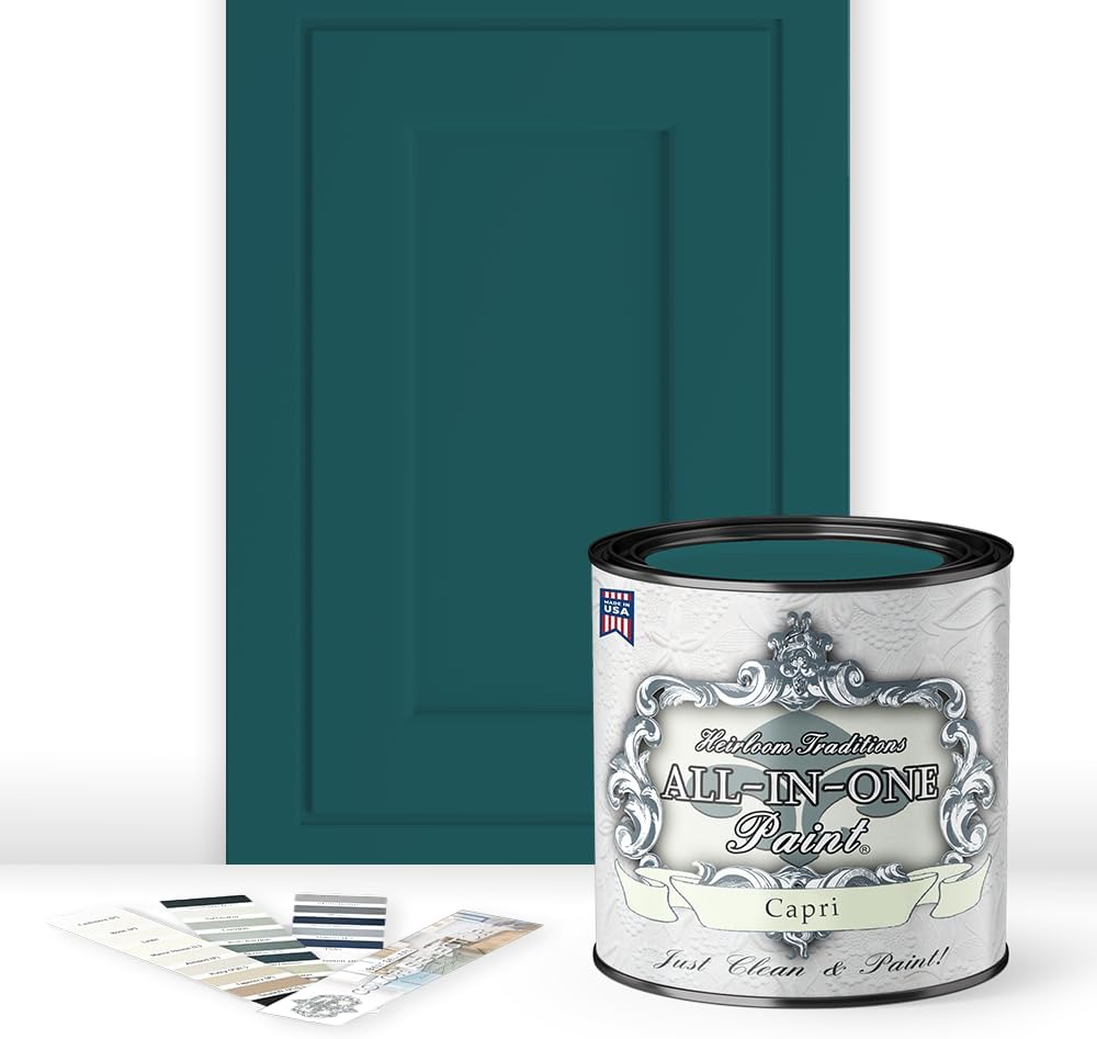 Heirloom Traditions ALL-IN-ONE Paint, Capri (green teal), Quart - Durable cabinet and furniture paint. Built in primer and top coat, no sanding needed. Includes our 30 featured color card.