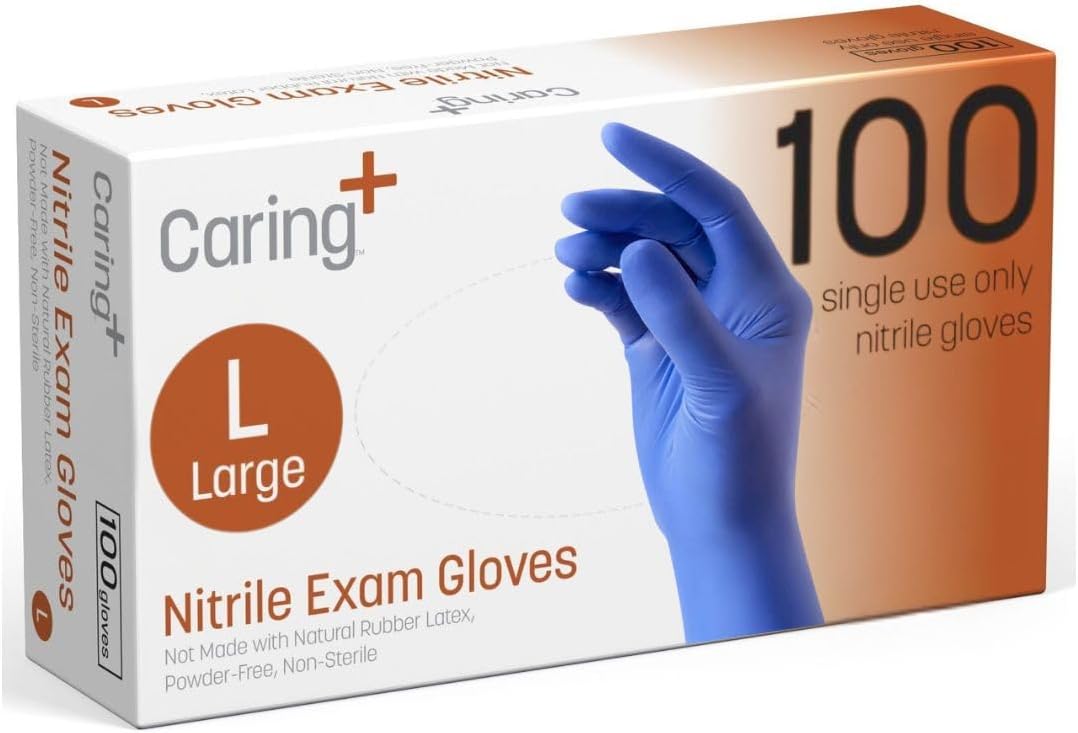 Caring Nitrile Exam Gloves, Blue, Powder-Free, Disposable Gloves for Medical Care, First Aid, Cleaning, Food Prep