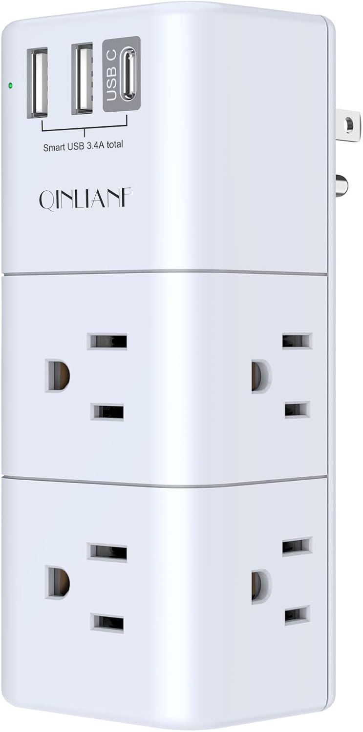 USB Outlet Extender Surge Protector - QINLIANF Rotating Plug, 3-Sided Swivel Power Strip, 6 AC Spaced Outlet Splitter and 3 USB Ports (1 USB C) for Travel, Home, Office, ETL