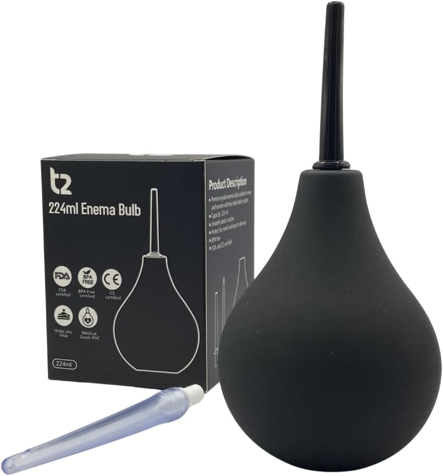 T2 Enema Bulb 224ml for Men and Women - Reusable Colon Cleansing Douche for Constipation - UKCA, CE & FDA Certified - Includes 2 Slim Nozzles (1 Soft, 1 Hard)