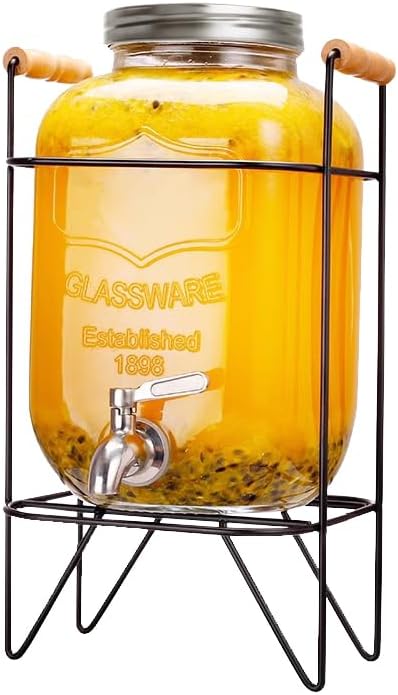 Hiziwimi 4L Glass Drinks Dispenser, Water Dispenser with Tap, Drink Dispenser with tap, Beverage Dispenser with Tap and Stand, Juice Dispenser with Iron Holder, for Pool Party & Family Gatherings