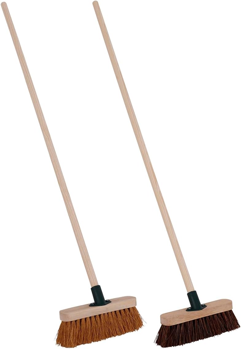 CHARLES BENTLEY Brooms, Set Of 2, 9.5" Bassine & Coco Hand Brooms, Wooden Handle, Eco-Friendly, Outdoor & Indoor Cleaning, Durable Bristles, 4ft Handle (24x6x131.5cm)