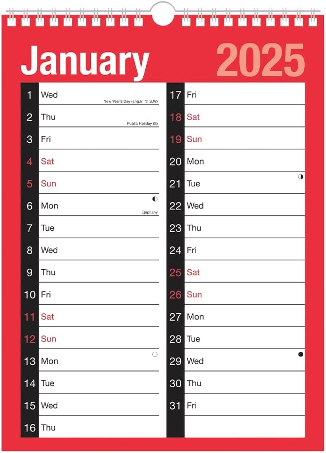 2025 Calendar Spiral Bound Wall Planner for Home Business Office School 1 January 2025 to 31 December 2025 (A4 Large Print Month To View)