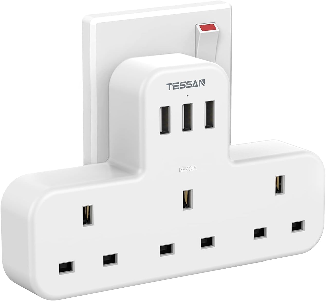 Plug Adapter, TESSAN Plug Extension Socket with 3 USB, 3 Way UK Multi Outlets Extender, Wall Charger for School Home, Kitchen, Office, School Supplies