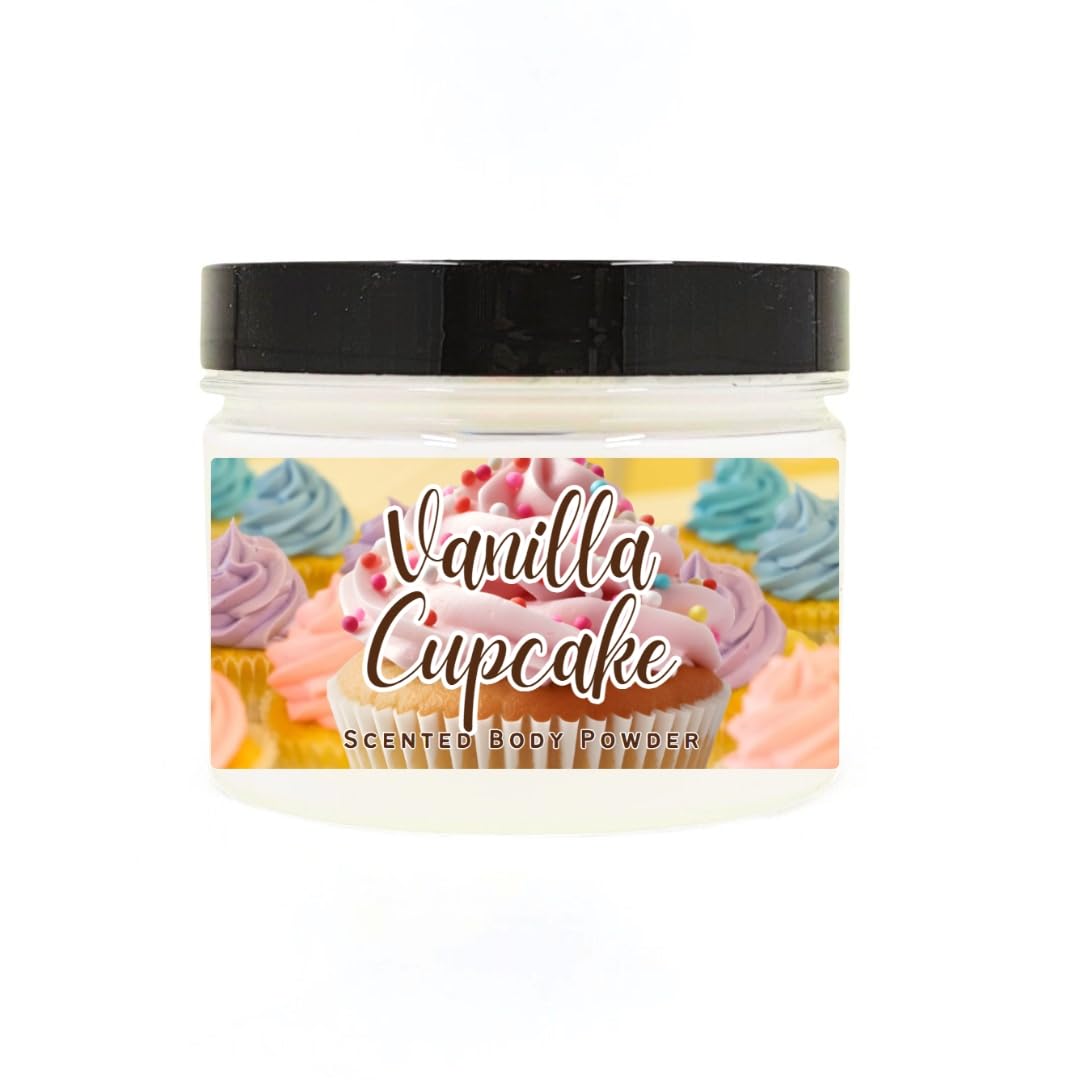 Body Powder for Men & Women Scented Vanilla Cupcake, Perfume Dusting Powder, Bath Powder with Fragrance & Essential Oils, Talc Free 8oz Container, Made in USA