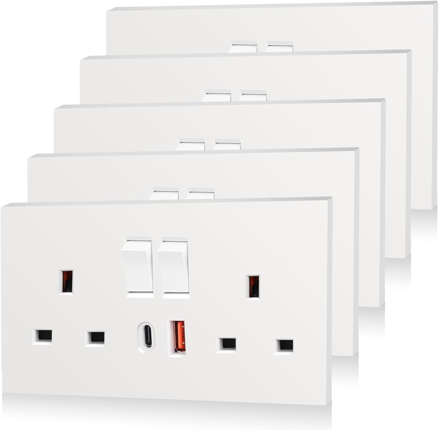 5 Pack CNBINGO USB Type C Double Socket, 20W Max Fast Charging, Double Switched Socket with 20W PD USB C and A, Electric Power Sockets 2 Gang 13 Amp, White Double Wall Outlet