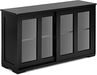 Giantex Stackable Storage Cabinet with Height Adjustable Shelves & Glass Sliding Doors, Cupboard Server Buffet Console Kitchen Sideboard, Black