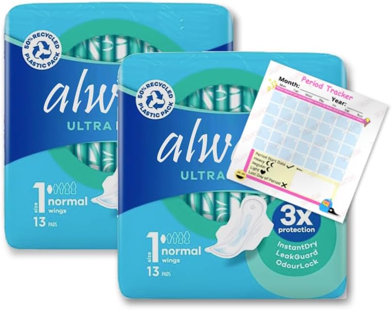 Always Ultra Day Sanitary Towels - 26 Pads, Size 1, Normal with Wings, 3X Protection, InstantDry, LeakGuard, OdourLock, Dermatologically Tested, Pack of 2X 13