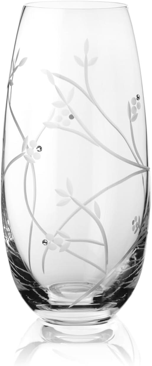 DIAMANTE Swarovski Barrel Shaped Crystal Glass Vase "Leaf" - Hand Cut Flowering Vine Decoration with Swarovski Crystals - 25cm in gift box