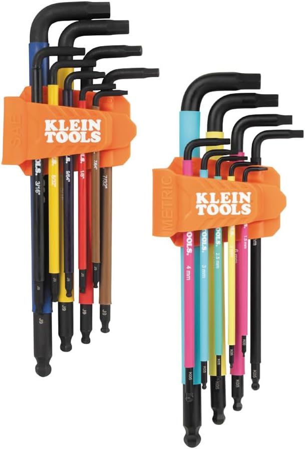 Klein Tools BLS18 Hex Key Wrench Set, Color Coded, SAE and Metric, Heat-Treated, L-Style, Long Arm and Ball End, 1/16-Inch to 3/8-Inch and 1.5 mm to 10 mm, 18-Piece