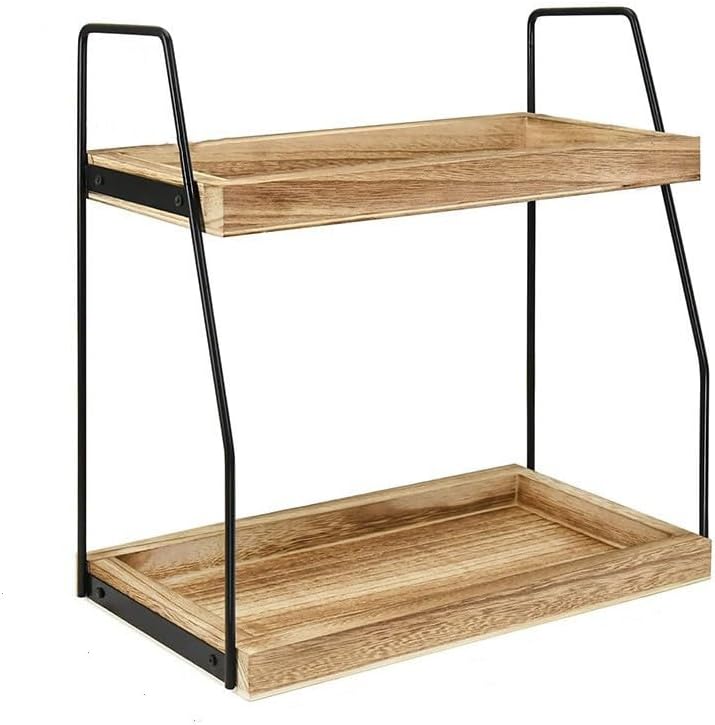 BRAVECOW Coffee Station Organizer, Desktop Table Surface Shelf Stand Wooden Display Storage Rack 2 Tier Condiment, Makeup Tools, Sundry Organizer Counter Shelf for Kitchen, Coffee Bar, Home, Office