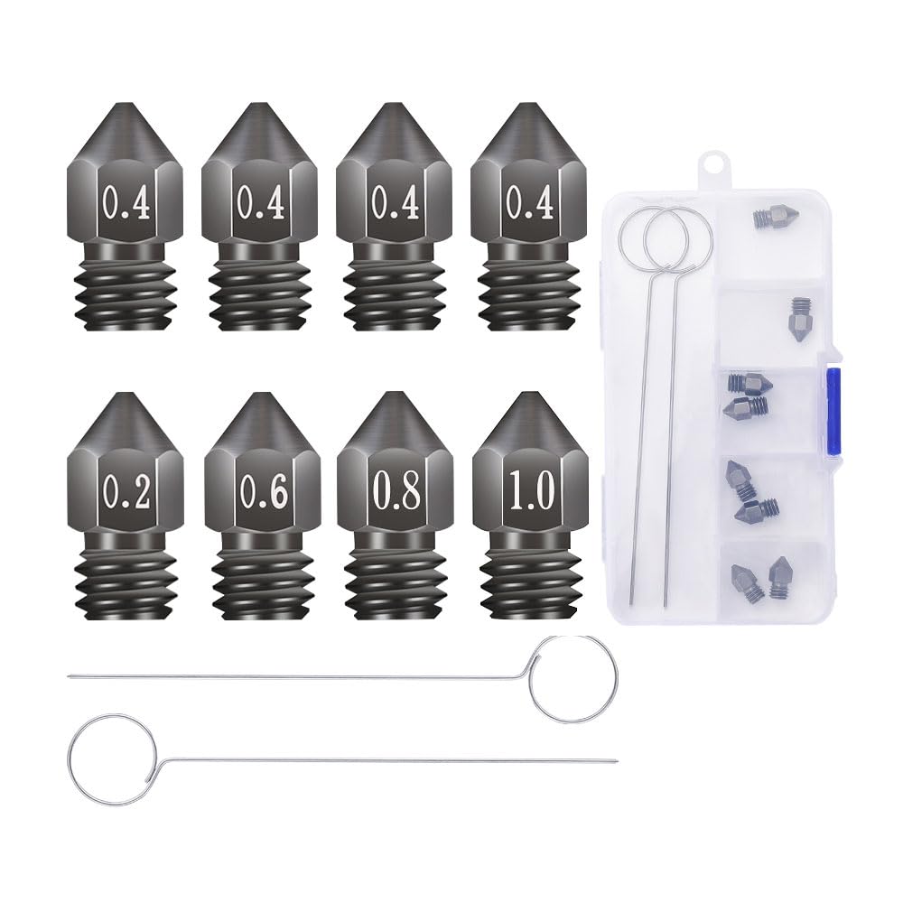 Sovol Creality 8pcs 3D Printer Hardened Steel MK8 Nozzles, Upgraded Tungsten All Metal Extruder Nozzles 0.2mm, 0.4mm, 0.6mm, 0.8mm, 1mm for Ender 3 Ender 3 V2 Ender 3 Pro CR-10