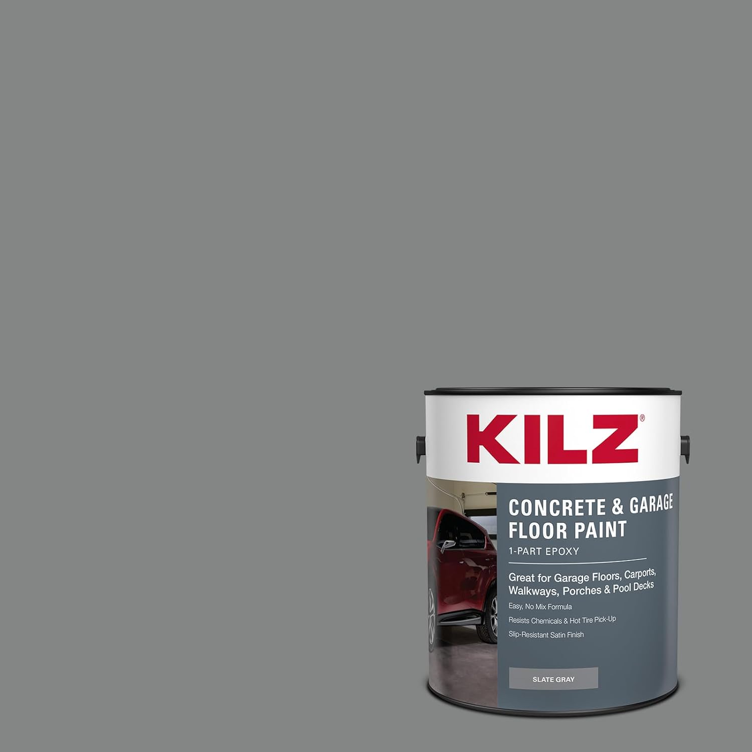KILZ 1-Part Epoxy Acrylic Concrete & Garage Floor Paint, Slate Gray, Satin, Interior/Exterior Concrete Paint for Basement Floors, Porches, Driveways & Pool Decks, 1 Gallon