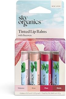 Sky Organics Tinted Lip Balms for Lips to Moisturize, Soften & Add A Wash of Color, Four Assorted Shades, 4pk.