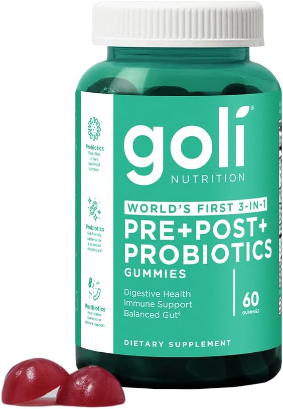 Goli Nutritional Supplement, Pre+Post+Probiotics Gummy - 60 Count - World's First 3-in-1 Gluten-Free, Vegan, Non-GMO, and Gelatin-Free.