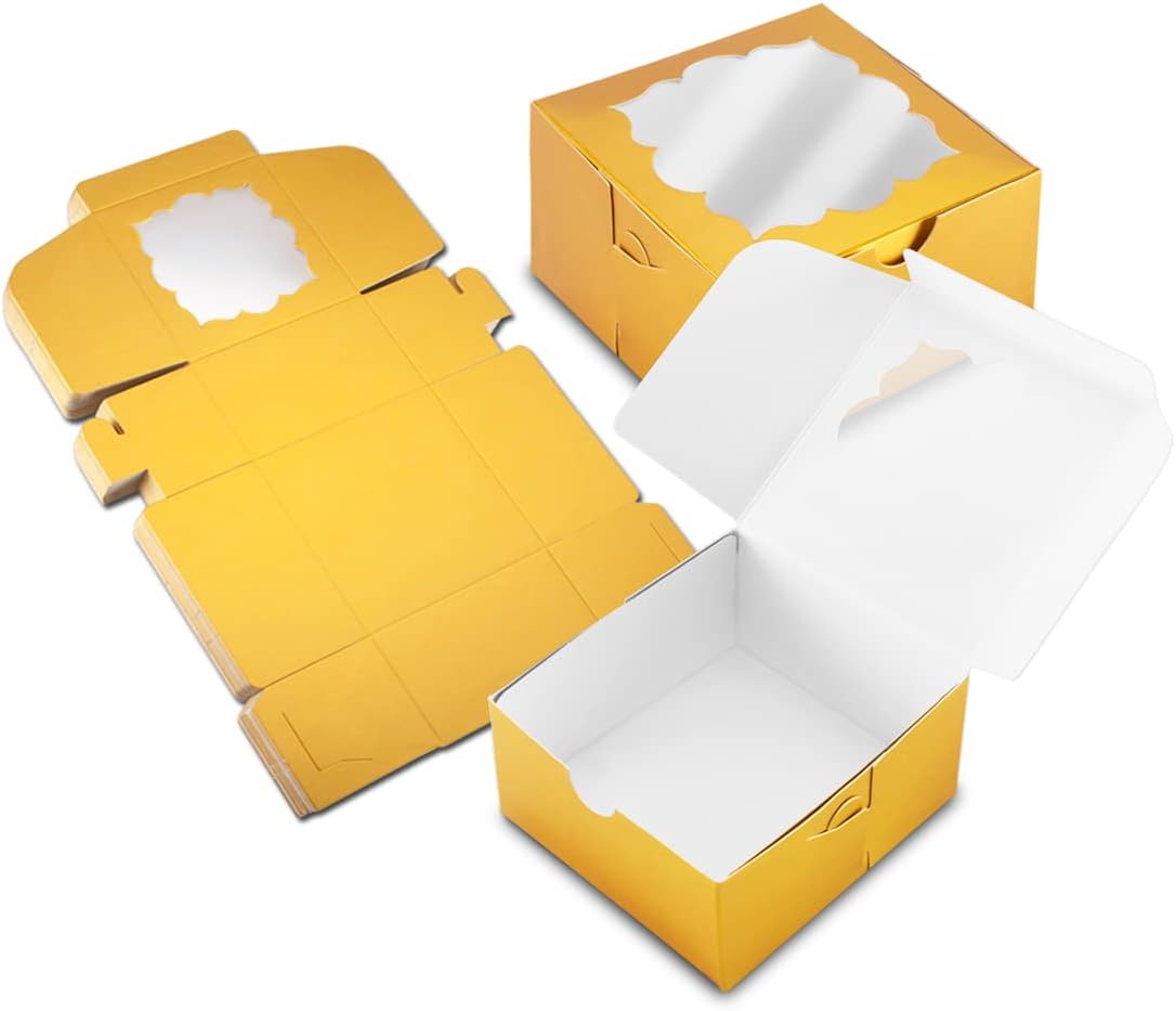 50 Pack Gold Bakery Boxes with Window 4x4x2.5 inches Pastry Boxes for Birthday Baby Shower Party