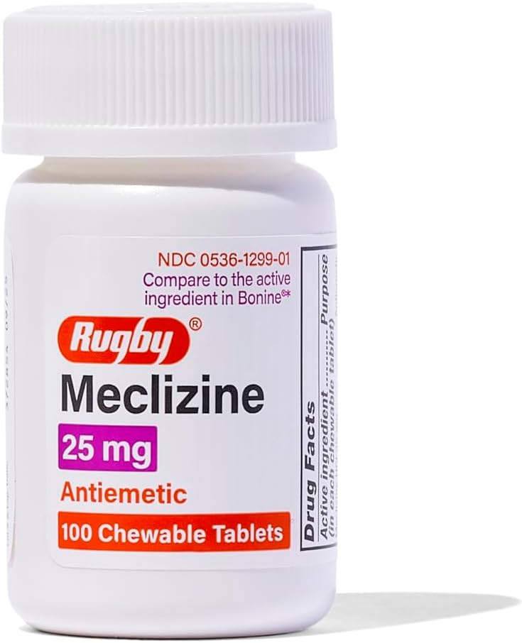 Rugby Meclizine Chewable Tablets 25mg - Anti-Nausea Medicine Helps with Motion Sickness - 100 Count