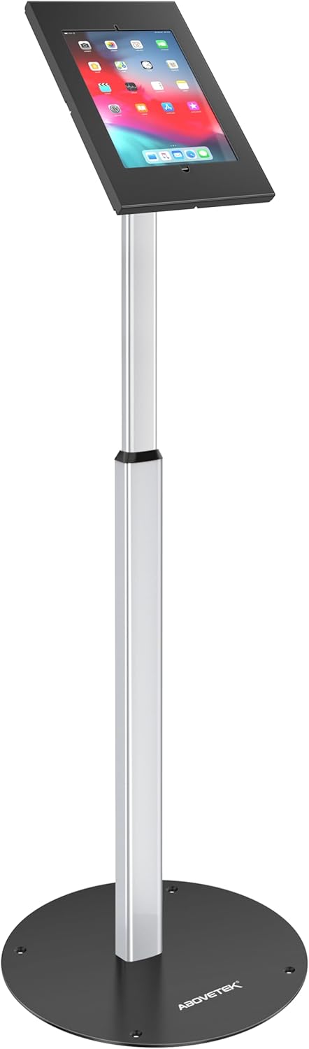 AboveTEK Anti Theft iPad Floor Stand, Robust Security Kiosk POS Tablet Stand, Height Adjustable Secure Holder Enclosure w/Lock and Key Mechanism for iPads/iPad Air/iPads Pro, Ideal for Retail Business