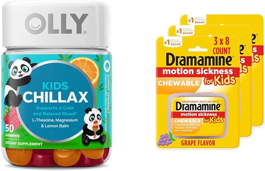 OLLY Kids Chillax Magnesium Gummies Plus L-Theanine 50 Count & Dramamine Kids Chewable Motion Sickness Relief Grape 8 Count 3 Pack