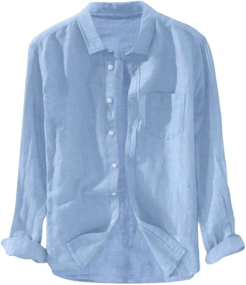 Men's Long Sleeve Cotton Linen Shirt Beach Buttons Down Solid Plain Roll Up Sleeve Summer Beach Shirts Casual Button Down Shirts Long Button Shirt Mens Stretch Dress Casual Untucked Dress Vacation Fal