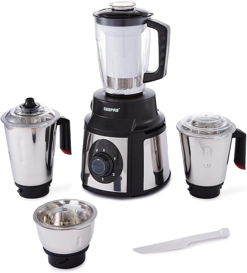 Geepas 1000W 5-in-1 Mixer Grinder, 3 Stainless Steel Jars, 1.5L Wet Jar 1L Dry Jar 300ML Chutney/Spice Jar & 1.5L Plastic Juicer Jar - Perfect for Dry Wet Grinding Juicing, Indian Curry Dosa Batter