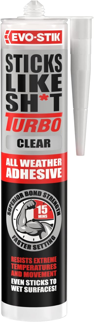 EVO-STIK Sticks Like Sh*t Turbo CLEAR Adhesive, All Weather, Fast Setting, Extreme Temperature & Movement Resistant, CLEAR, 290ml