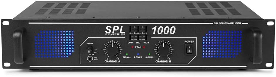 Skytec SPL-1000 PA Power Amplifier, 1000W 2-Channel Class D Audio Power for Stereo HiFi Speakers, Ideal PA System Equipment for DJ, Studio, Stage Events