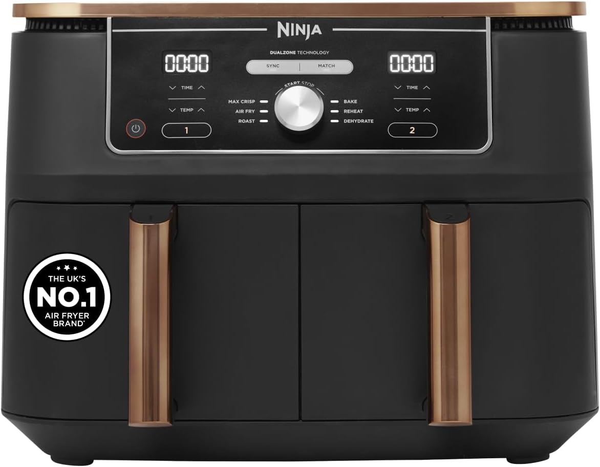 Ninja Foodi Dual Zone Air Fryer, 2 Drawers, 9.5L, 6-in-1, Air Fry, Crisp, Roast, Bake, Dishwasher Safe, Copper/Black AF400UKCP