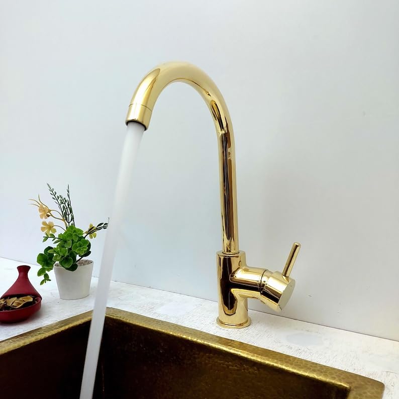 Antique Unlacquered Brass Kitchen Faucet with Vintage Appeal, Single Handle, Single Hole Design, Solid Brass Sink Mixer Tap