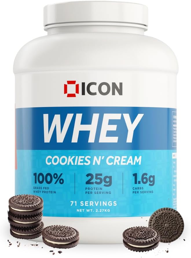 ICON Nutrition Whey Protein Powder — Cookies N Cream — High Protein, Grass Fed, Low Carbs & Fat, Complete Amino Acid Profile, Cold Shakes or Mix with Foods — 2.27kg, 71 Servings