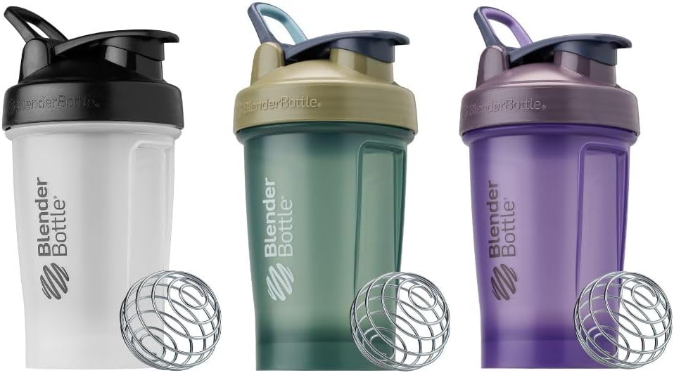 BlenderBottle Classic V2 Shaker Bottle Perfect for Protein Shakes and Pre Workout, 20-Ounce (3 Pack), Black, Tan/Blue, Purple