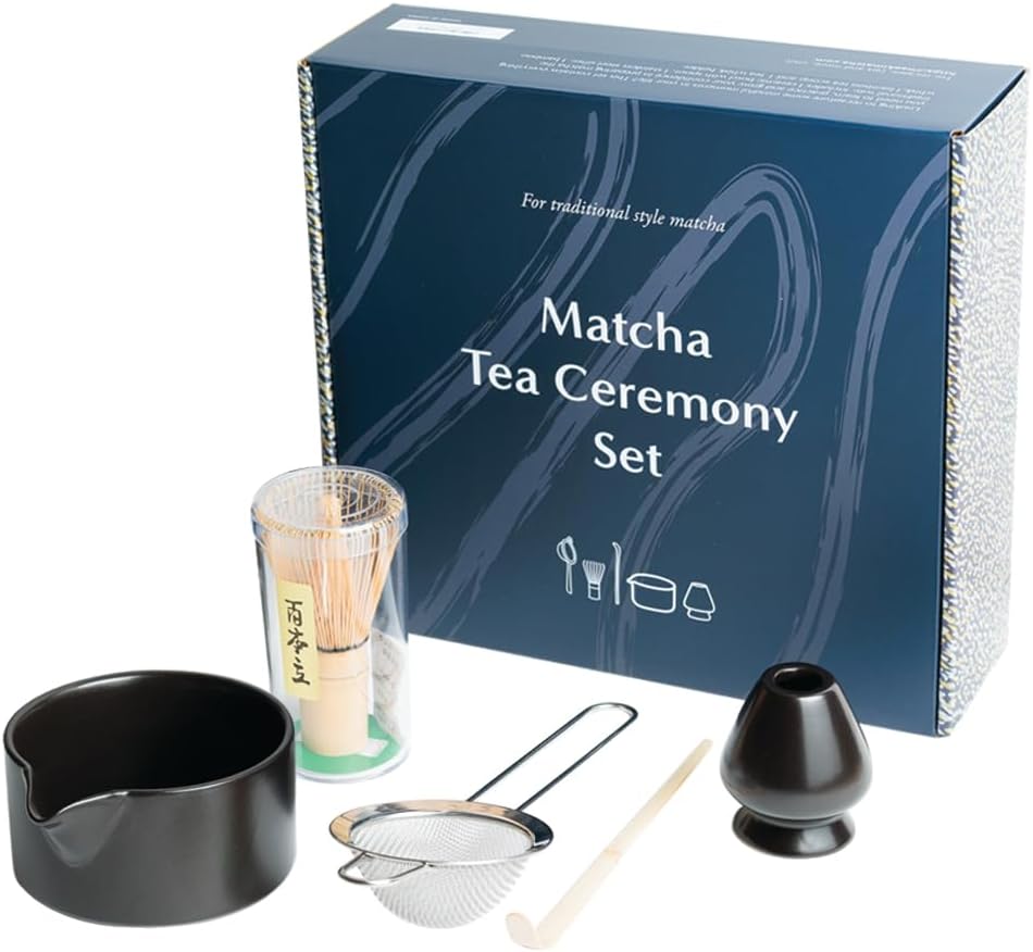 Naoki Matcha Complete Matcha Tea Ceremony Set - Includes: Bamboo Matcha Whisk & Bamboo Tea Scoop, Large Stainless Steel Sifter, Black Stoneware Bowl with Spout
