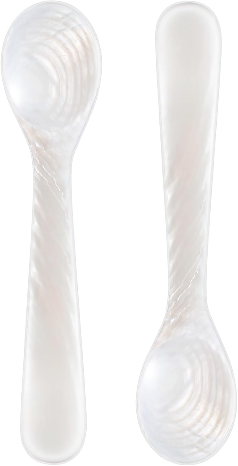 Patelai 2 Pieces Set of Caviar Spoons Mother of Pearl Spoons with Handcraft Round Handle for Caviar, Egg, Ice Cream, Coffee, Kitchen, Restaurant Serving for Christmas Favors (7cm/2.75 Inch)