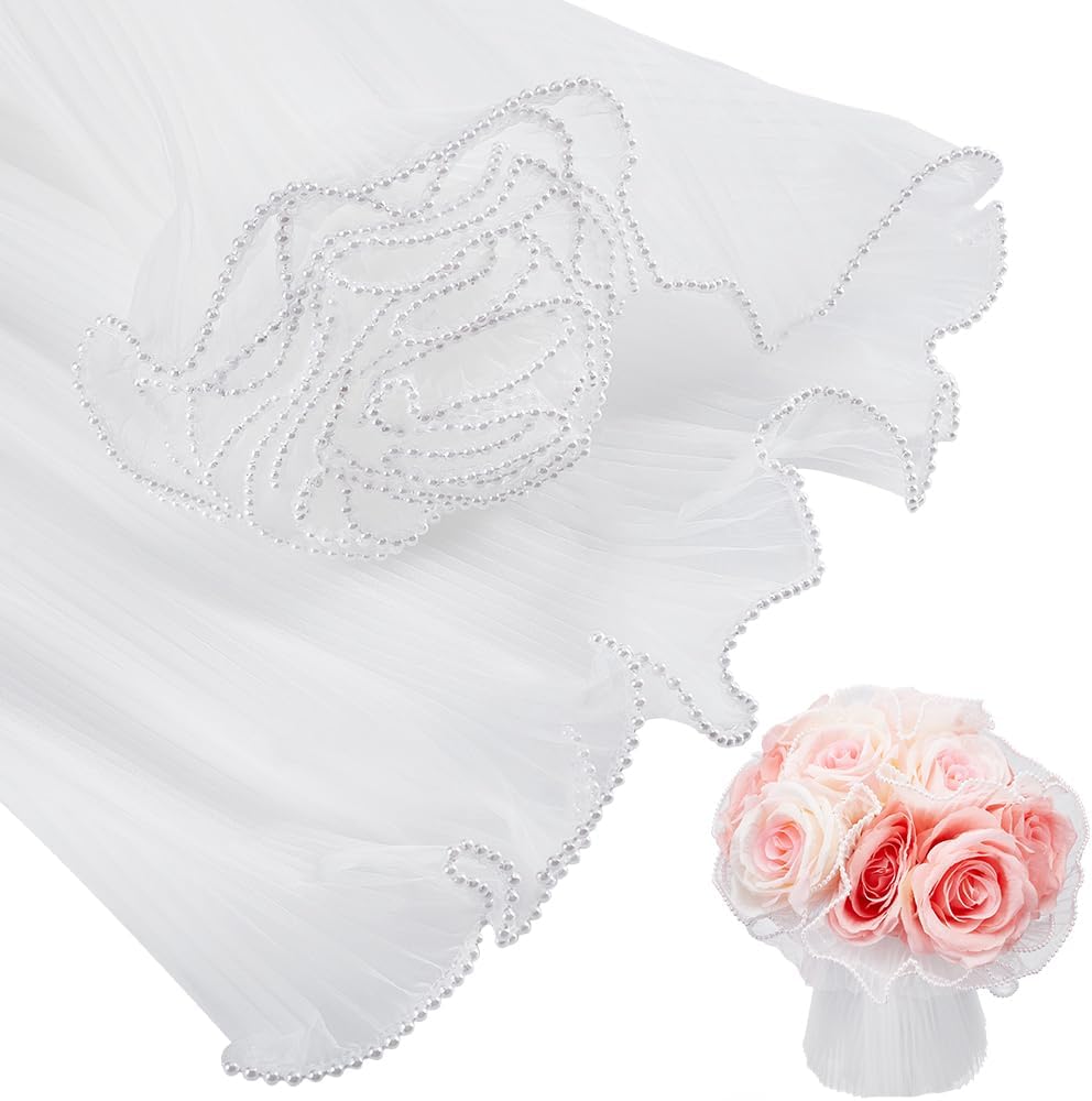 BENECREAT 4.37 Yards White Flower Wrapping Mesh Paper, Pearl Edge Bouquet Packaging Paper Wrinkled Translucent for Party Favor Decor, Florist Supplies Wedding Gift Packaging