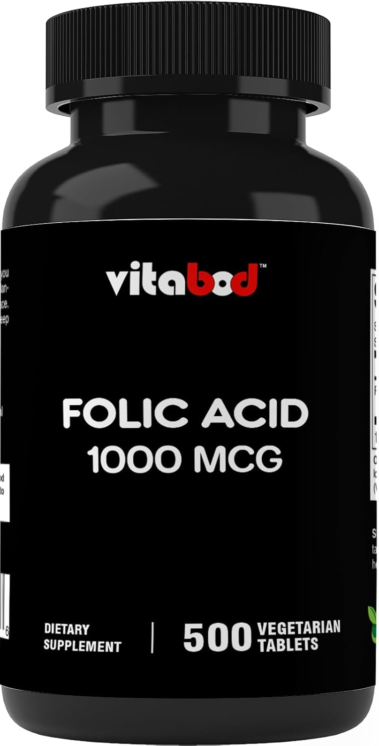 Folic Acid 1 mg (1000 mcg) (Vitamin B9) - 500 Vegetarian Tablets - an Essential Prenatal and Postnatal Vitamin