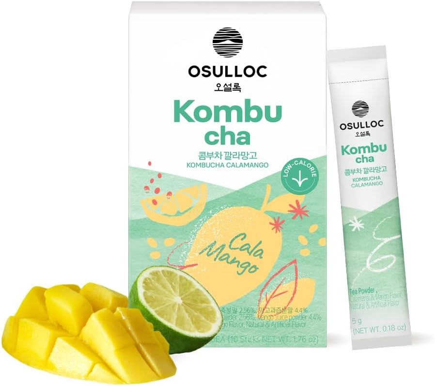 Osulloc Kombucha Tea Calamango (Calamansi & Mango Blending), Sparkling Powdered Mix Beverage, No added sugar, 10 Sticks, 1.76oz