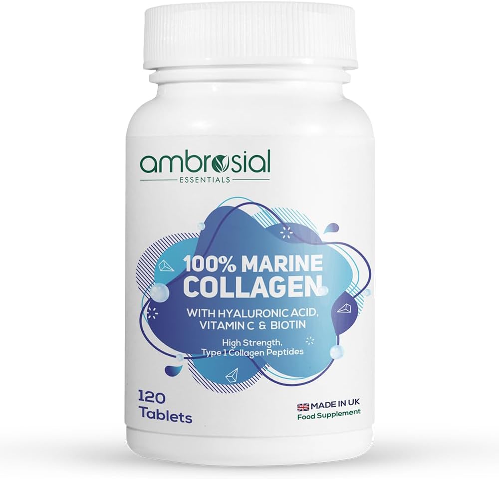 Ambrosial 100% Marine Collagen with Hyaluronic Acid, Vitamin C & Biotin – High Strength Type 1 Marine Collagen – Made in UK – Non-GMO, Gluten Free – 120 Tablets