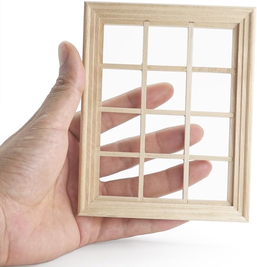 Odoria Dollhouse Lattice Window Miniature: 1/12 Scale Large Frame Windows for Store Diorama - Mini Vintage Victorian Furniture Wood Model - Tiny Building Components Craft DIY Unpainted 16 Grid