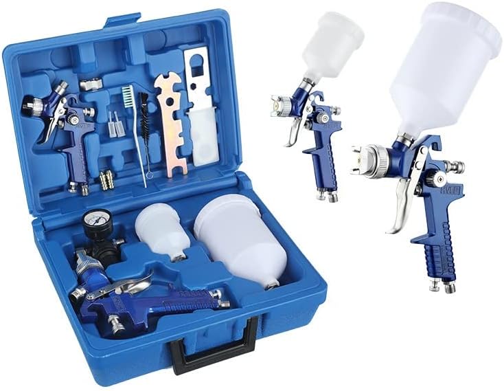 2 Pcs/Set HVLP Paint Sprayer Set, 0.8MM & 1.4MM Nozzle Professional Air Gravity Feed Spray Gun Kit with 125ML & 600ML Cup Paint Tool for Car Furniture Painting Handheld Sprayer (Blue)
