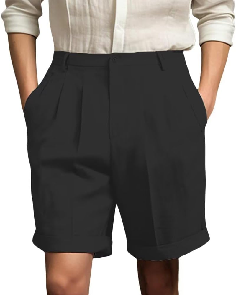 Men's Cotton Linen Shorts Pleat-Front Casual Italian Chino Shorts Summer Beach Lightweight Dress Pants with Pockets