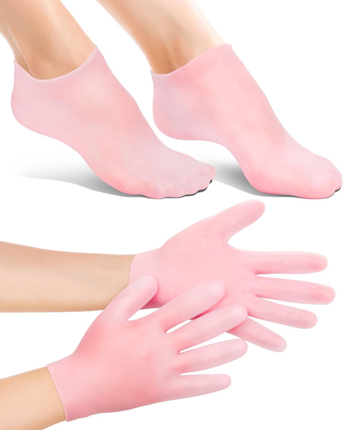 BLATOWN 2 Pairs Silicone Moisturizing Glove Socks Set, Anti Slip Soft Spa Gel Socks Softening Feet Dry Cracked Skin, Women Spa Pedicure Socks for Foot Hand Softening, Foot Care After Pedicure (Pink)