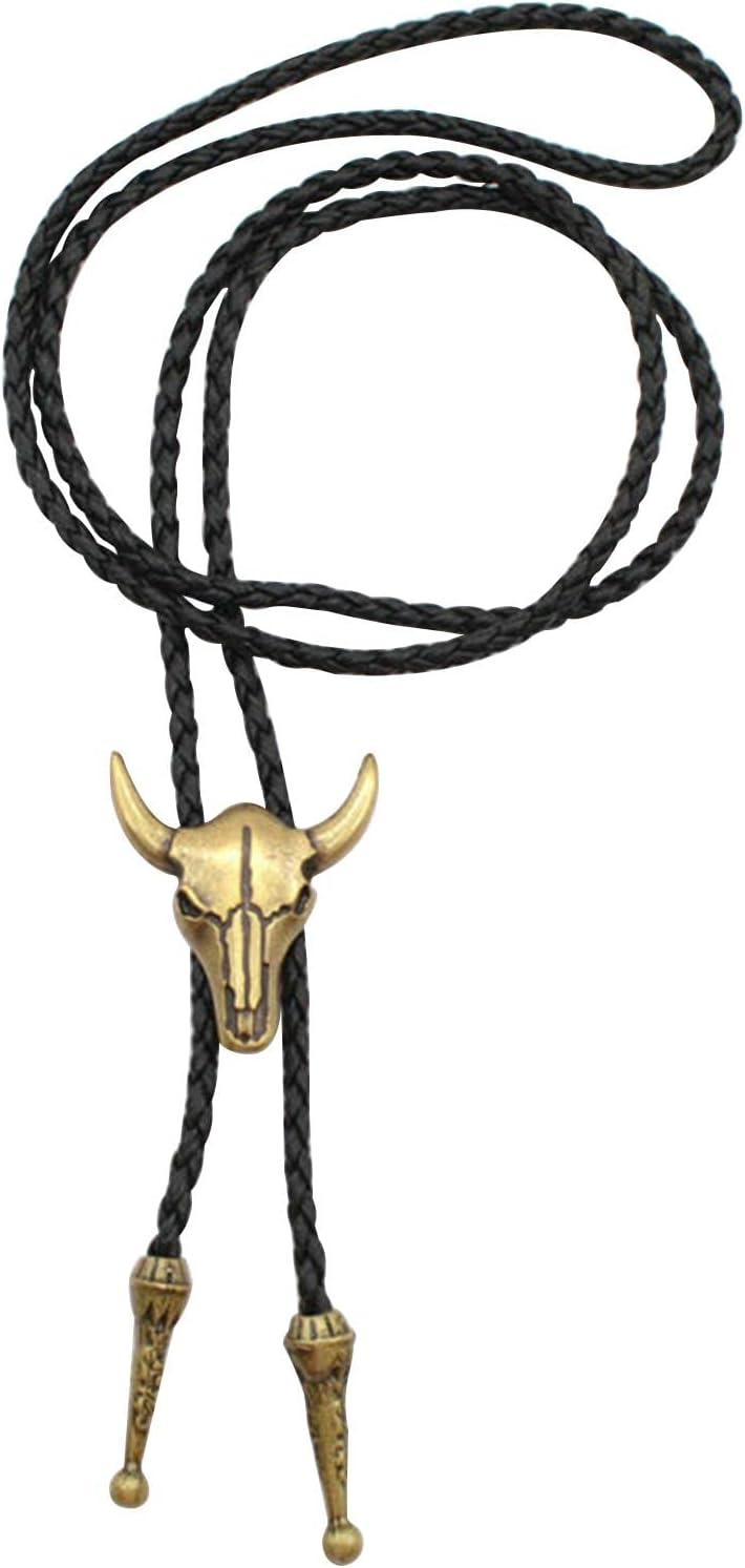 Faderr Western Texas Longhorn Buffalo Steer Cow Skull Leather Rodeo Bolo Tie Necktie Unisex Adjustable Solid