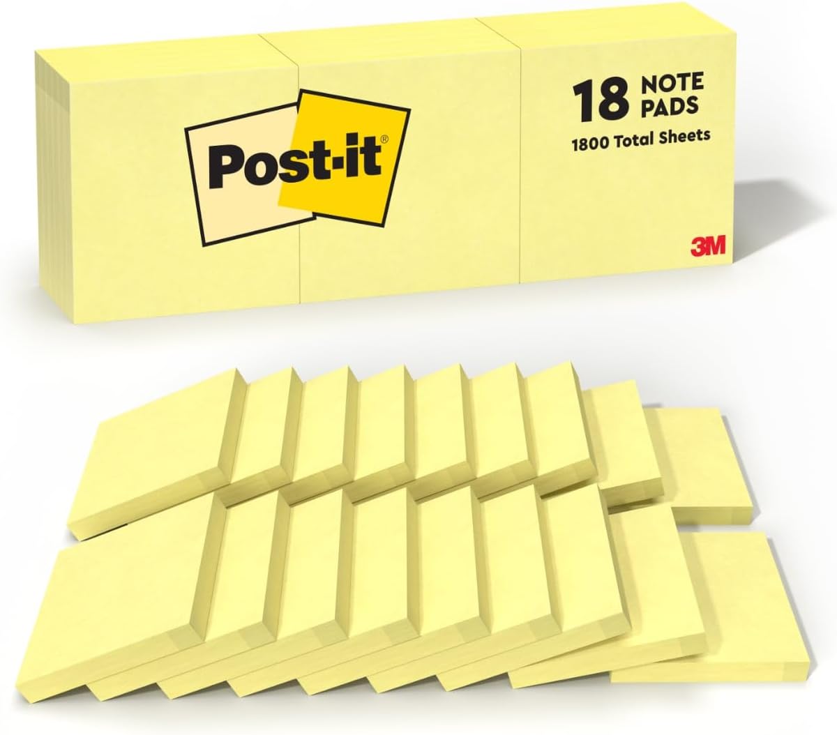 Post-it Notes, 3 in x 3 in, 18 Sticky Notes Pads, 100 Sheets per Pad, The Iconic Canary Yellow Note, Back to School Supplies and Oﬃce Products
