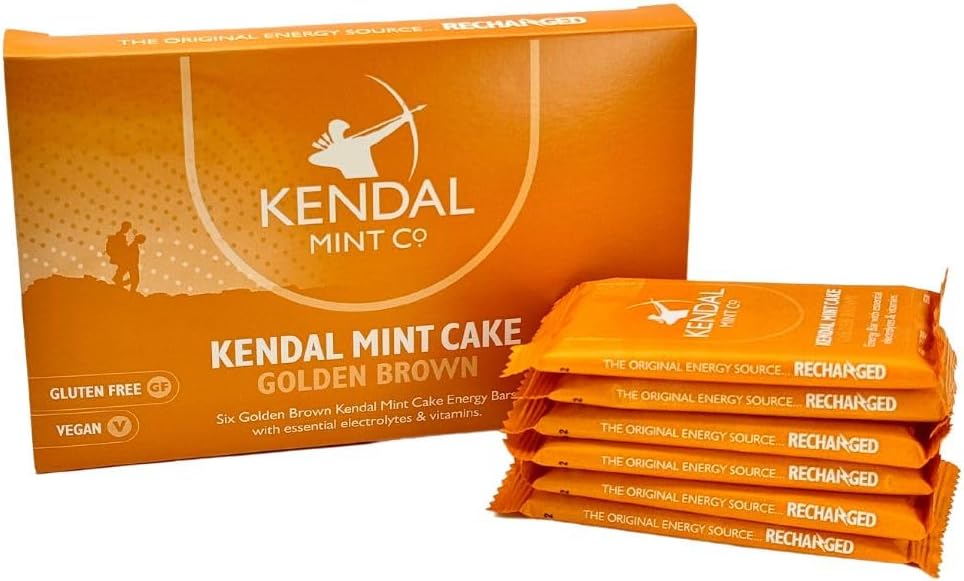 KMC Energy Bars Pocket-sized, Original Flavour, Kendal Mint Cake Recharged, Vegan, Gluten Free with essential Electrolytes & Vitamins35g (6 Count (Pack of 1), Golden Brown)