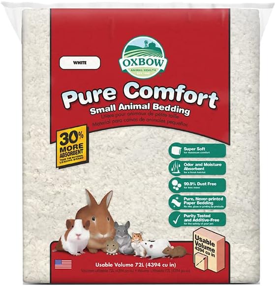 Oxbow Animal Health Pure Comfort Bedding, Rabbit, Hamster, & Guinea Pig Bedding, Bunny Supplies for Litter Box, Pet Safe, 99.9% Dust-Free, White Paper, 72 Liter Bag
