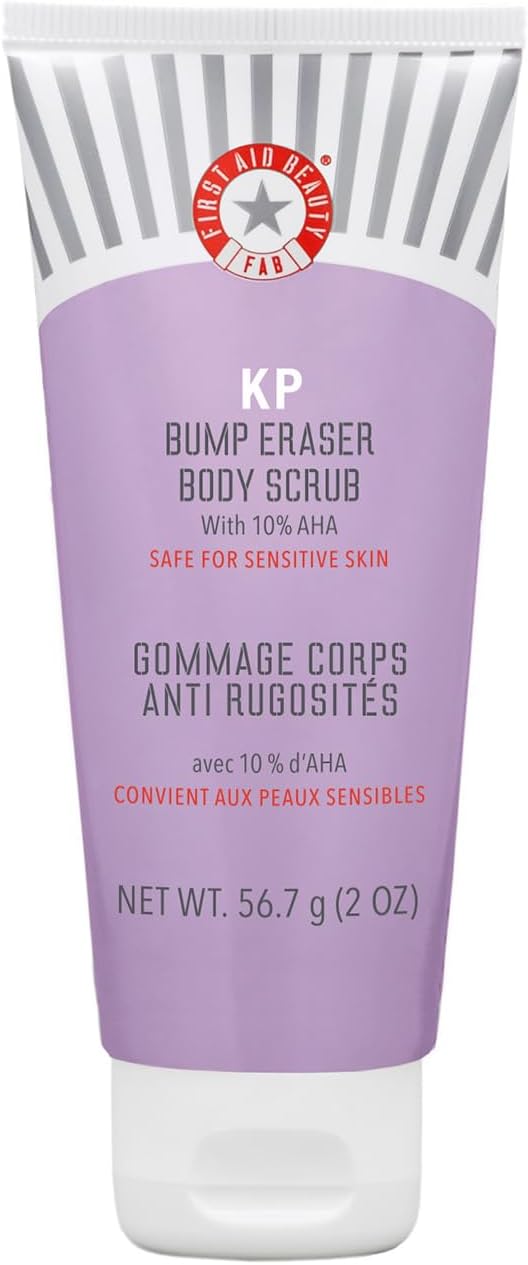 First Aid Beauty - KP Bump Eraser Body Scrub with 10% AHA, Keratosis Pilaris Skin Exfoliater with Glycolic and Lactic acids, Helps Reduce Chicken Skin Bumps, Safe for Sensitive Skin, 56.7g