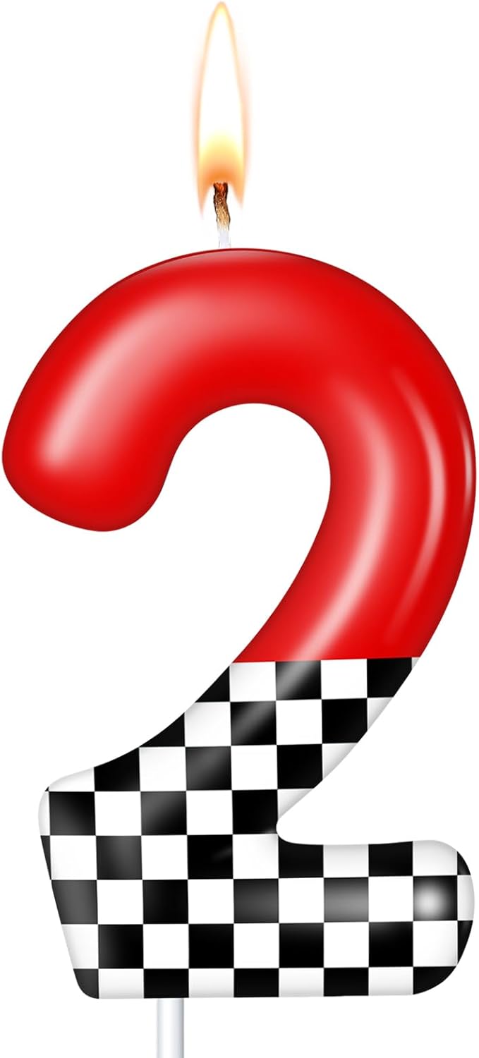 MTLEE Racing Car Birthday Number Candle Race Car Theme Cake Topper Truck Themed Birthday Supplies Decorations Red Black White Checkered Candles(Red and Checkered,Number 2)