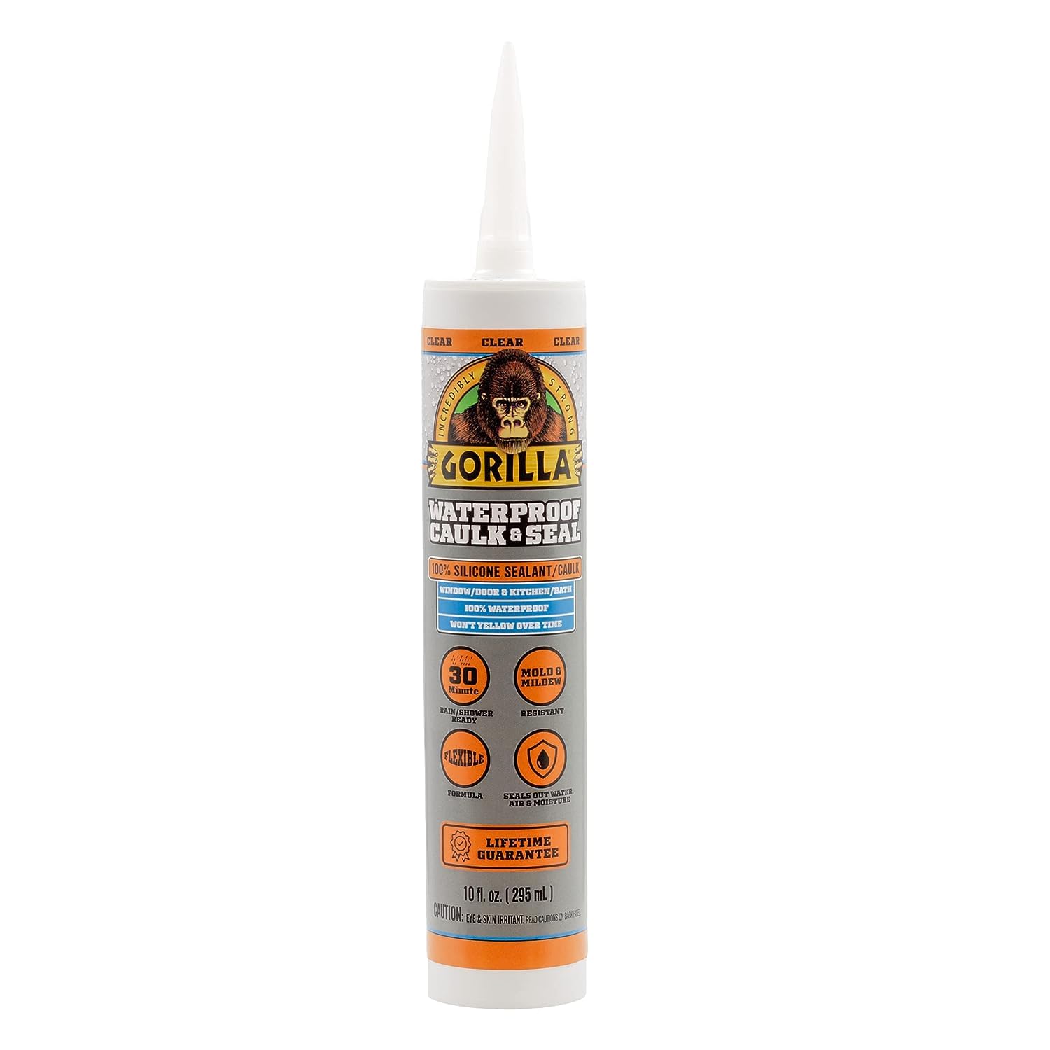 Gorilla Waterproof Caulk Seal 100% Silicone Sealant, 10oz Cartridge, Clear (Pack of 1)+ ADESIVE Sticker ADVENTURE HOME