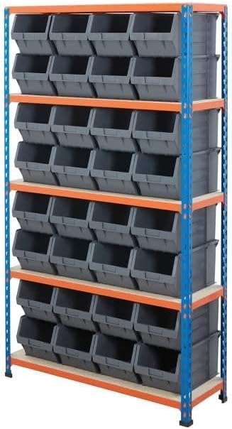 BiGDUG Shelving With Parts Bins - 48x XL3 Blue Bins - 160h x 91.5w x 30.5d cm - BiG200 Shelving Unit - 200kg Load Capacity Per Shelf - Blue & Orange