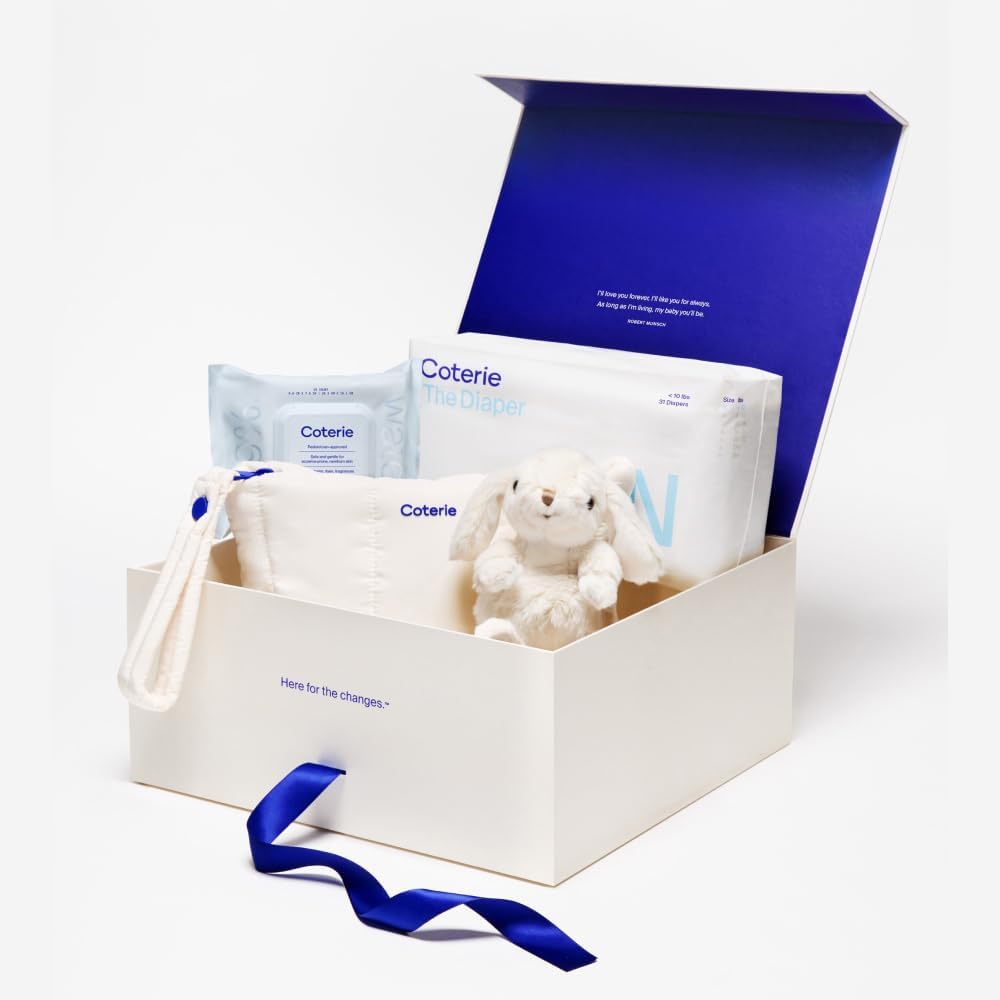 Coterie The Newborn Gift Set, Size Newborn Diapers (31 Count) & Size 1 (33 Count), 1 Travel Size Pack Baby Wipes (18 Count), Plant Based Materials, Hypoallergenic for Sensitive Skin, Baby Essentials